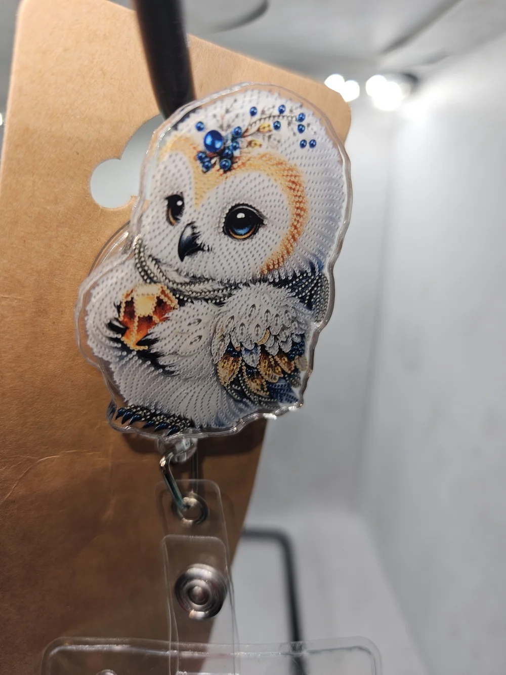 White & Gold Owl Card Holder Badge Reel